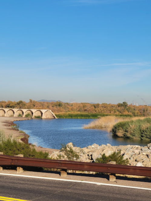 A serene landscape featuring a river, a stone bridge, and lush vegetation under a clear blue sky.